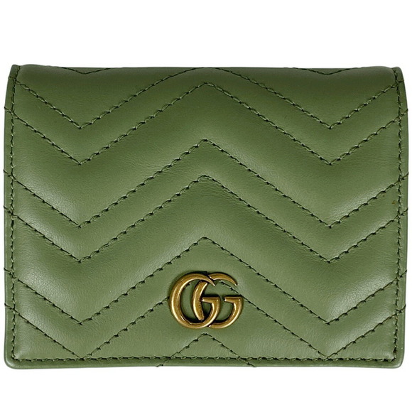 GUCCI GG Marmont Wallet Double GG Quilted Bifold Leather Green - Picture 1 of 6